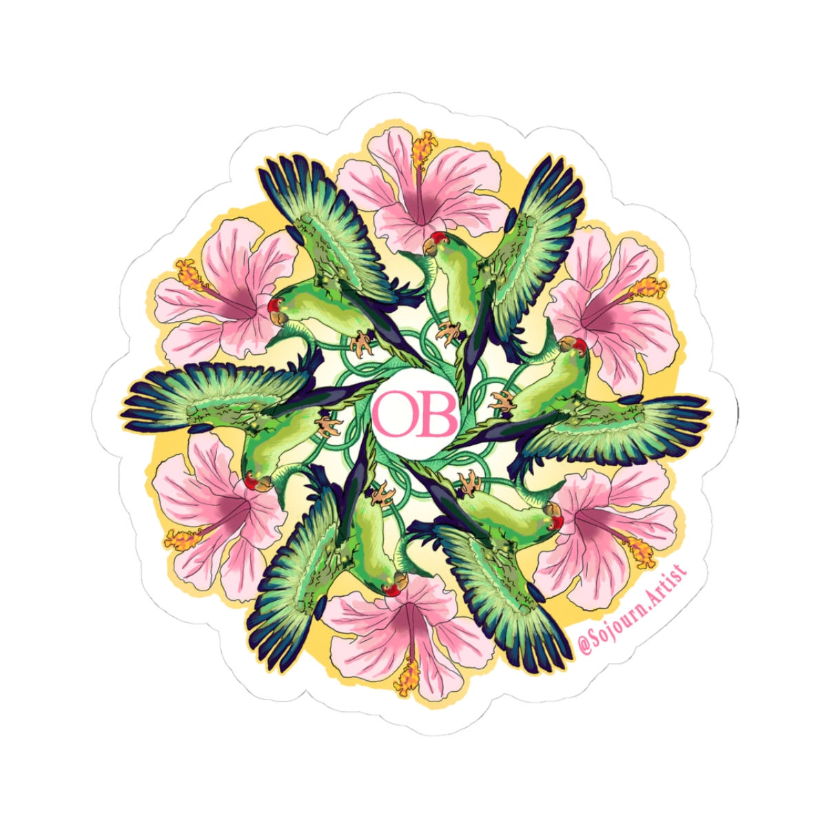 OB Parrot Sticker-Cut Sticker — Pink Hibiscus Monogram "OB"