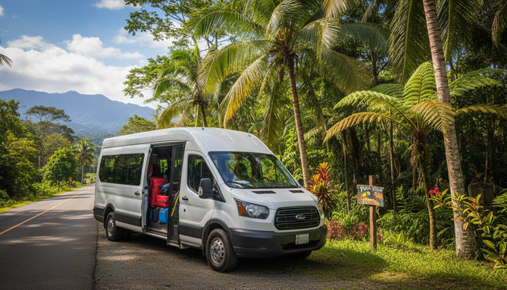 Eye-level view of a shuttle van parked near a tropical roadside in Costa Rica