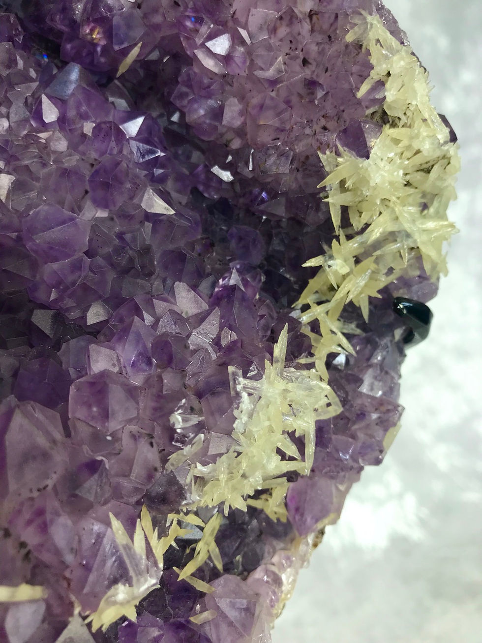 Thumbnail: XL amethyst cluster with calcite crystals on a stand from brazil 