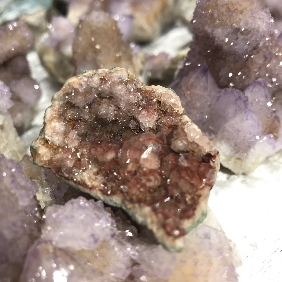 Thumbnail: Pink amethyst cluster with red hematite and druzy pink amethyst crystals Brazil
