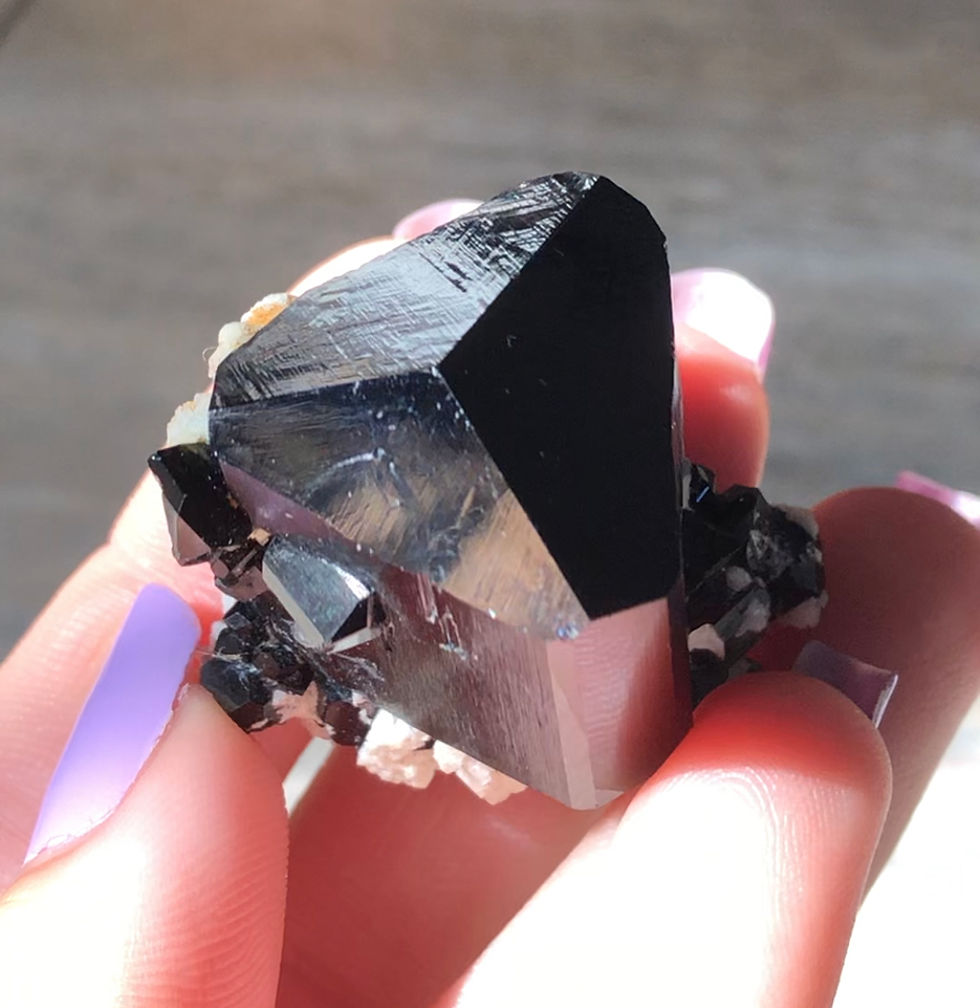 Thumbnail: Terminated Black tourmaline from Erongo Namibia with feldspar and calcite