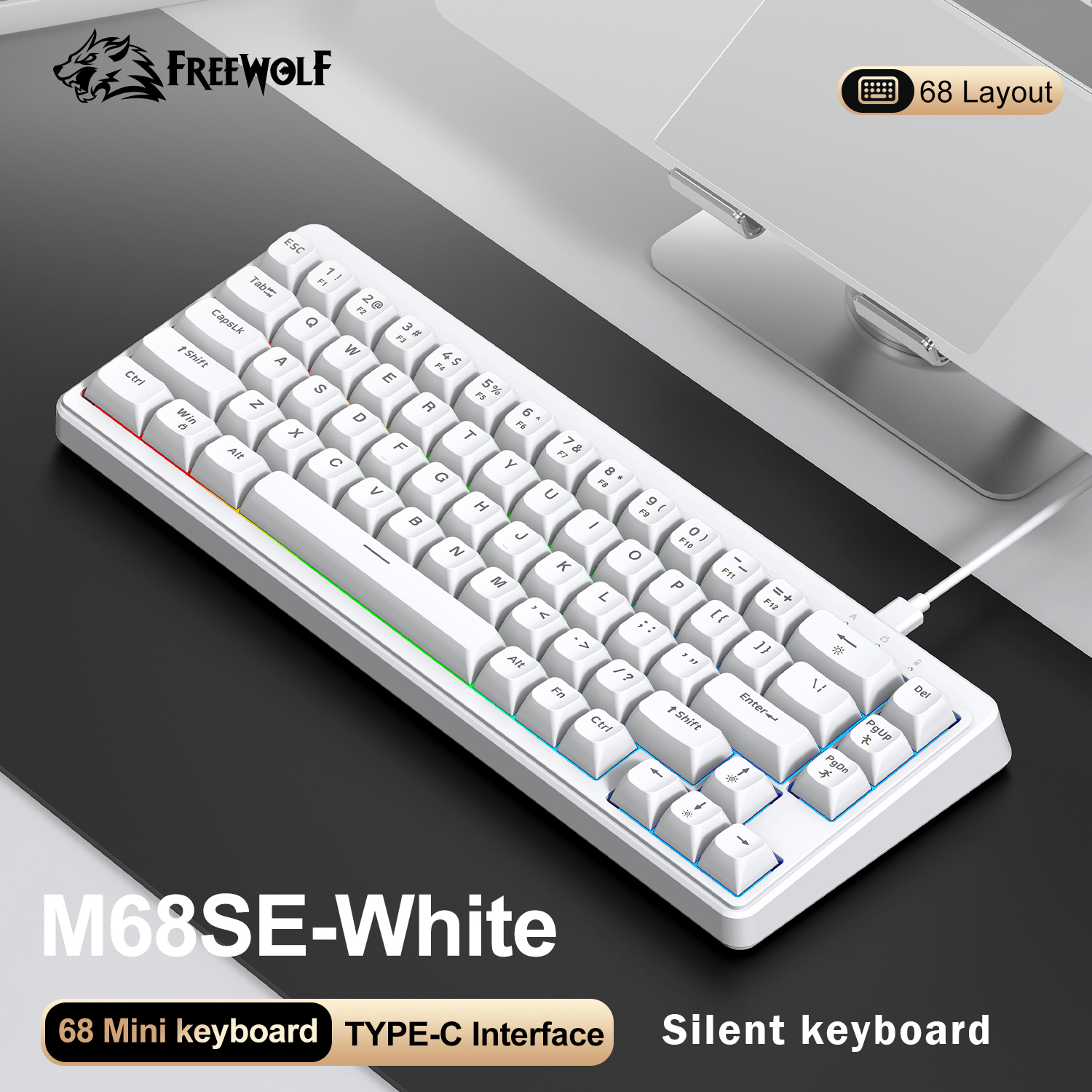 FREEWOLF M68SE 68 Key Mini Wired Keyboard RGB Backlit Type-C 68% layout Compact