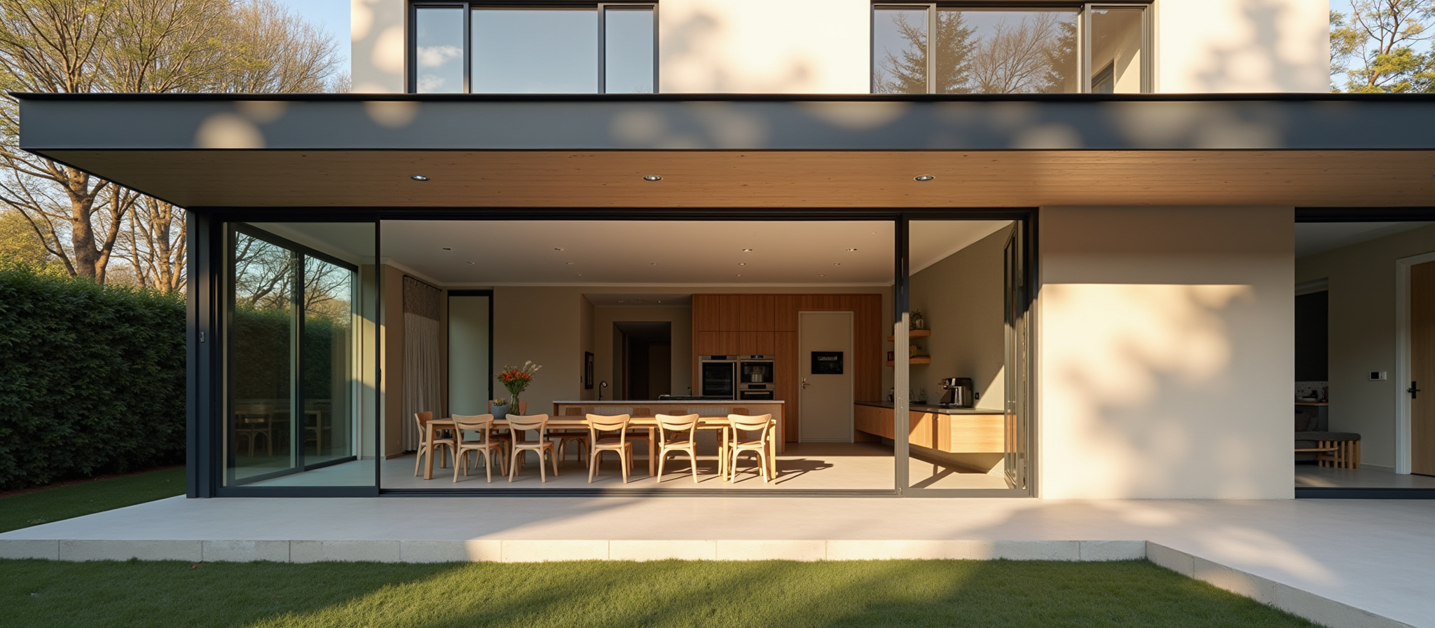 Modern kitchen with sliding glass doors opening to backyard with large roof overhang