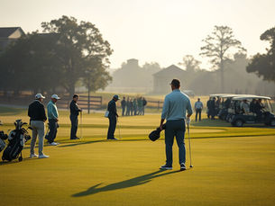 Golf club morning operations under pressure before a major competition, with starter coordinating groups and golfers gathering at the first tee in a premium golf environment.