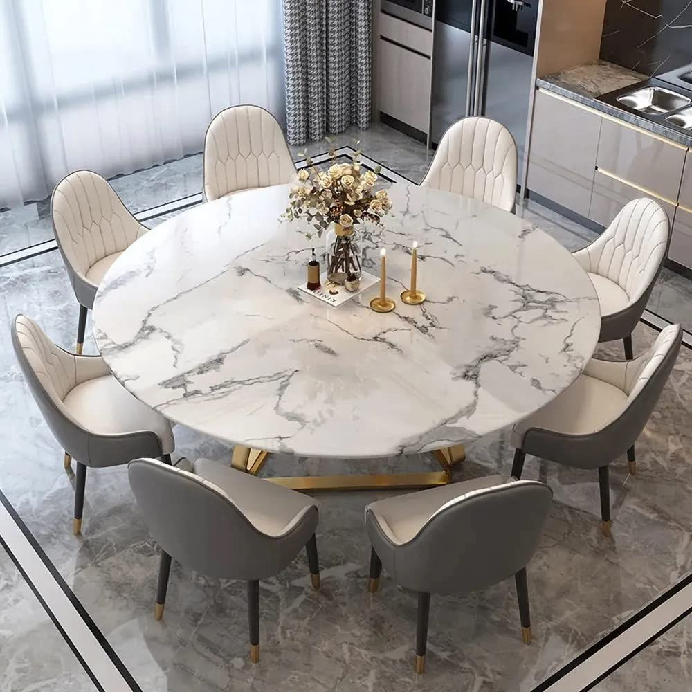 White Nordic 6-Seater Modern Round Marble Dining Table with Stainless Steel Base
