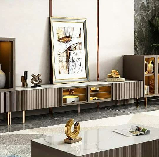 Modern Rectangular Stone Top TV Console with Storage Glass & Sliding Doors