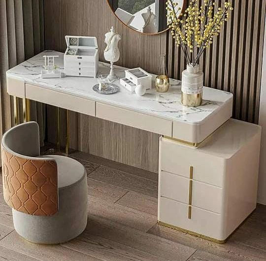 Nordic Champagne Marble Top Makeup Vanity with Drawers & 1 Cabinet