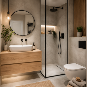 ai generated bathroom image of the modern industrial Scandal style I love 