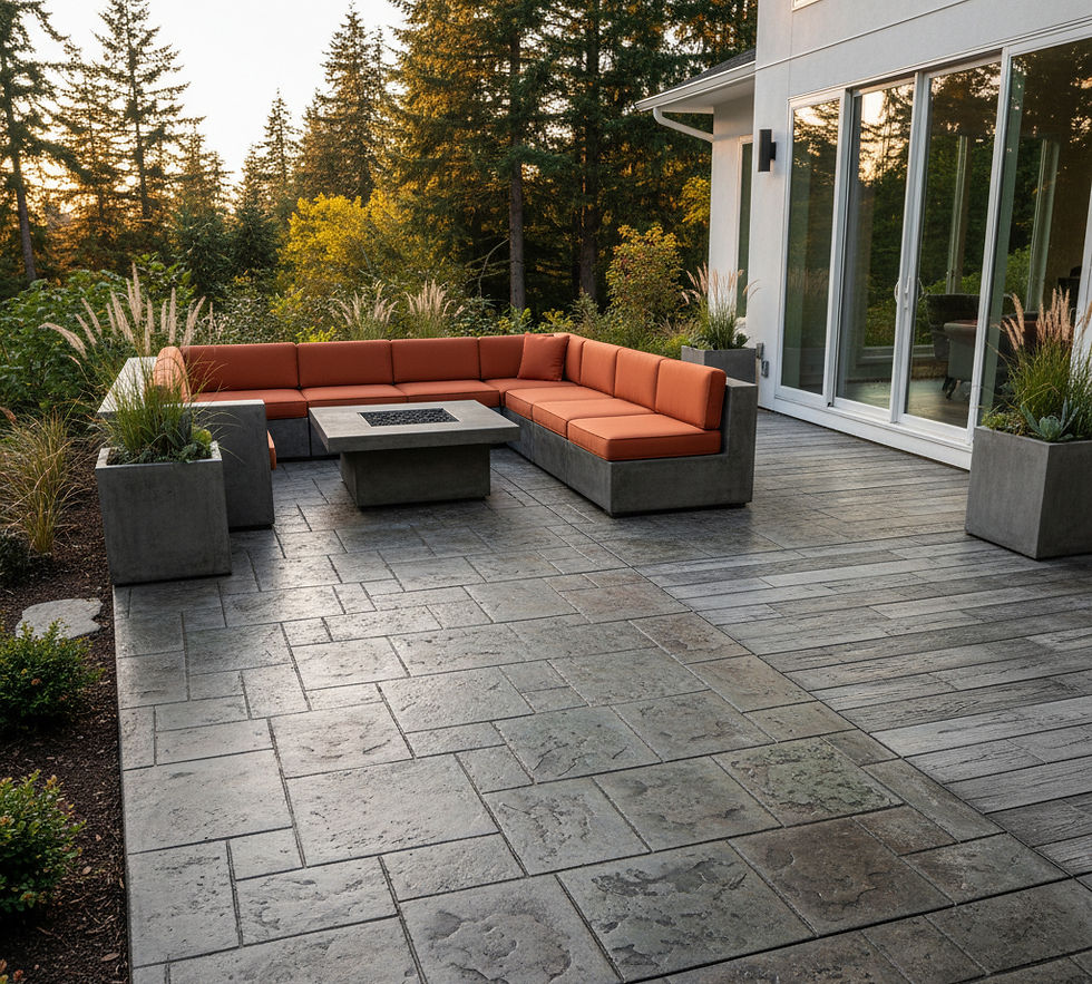 example of a modern stamped concrete patio that KornerBlock Concrete might install, showcasing popular trends