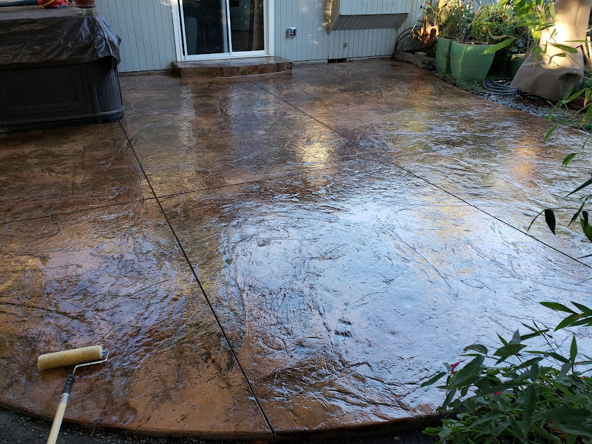 Example of stamped stained concrete patio - natural stone texture