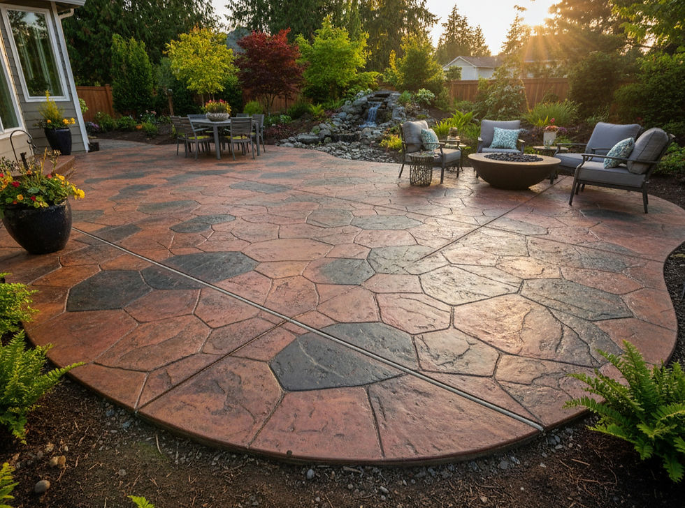 Decorative concrete patio in Vancouver Washington featuring stamped and stained concrete finish