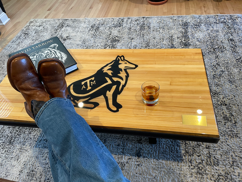Perfect coffee table made from reclaimed bowling ally lanes