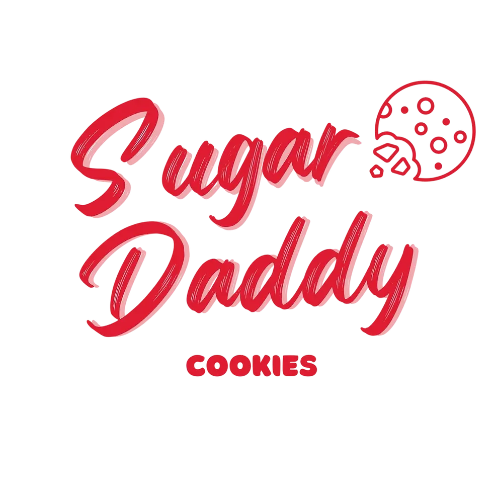 Square Sugar Daddy Cookies logo with red script text on pink and white vertical stripes background