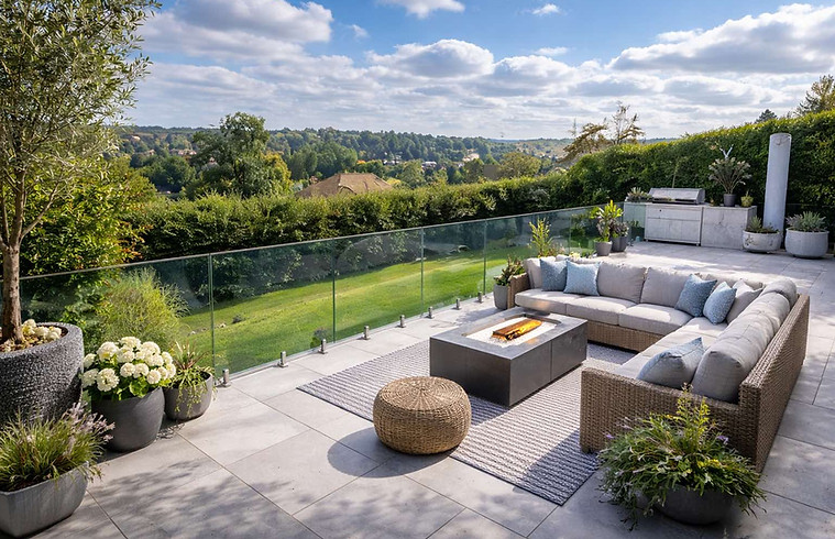 Beautiful countyside garden with large patio, garden furniture and glass balustrade