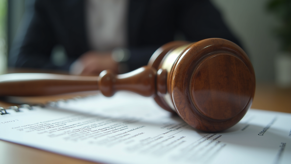 Eye-level view of a gavel resting on a legal document