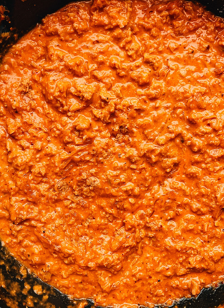 Gnocchetti Sardi with 'Sausage' and Roasted Red Pepper Sauce