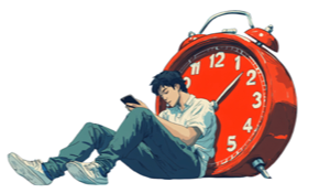 Young man sits against a giant red alarm clock, looking at his phone on a white background, suggesting procrastination or waiting.