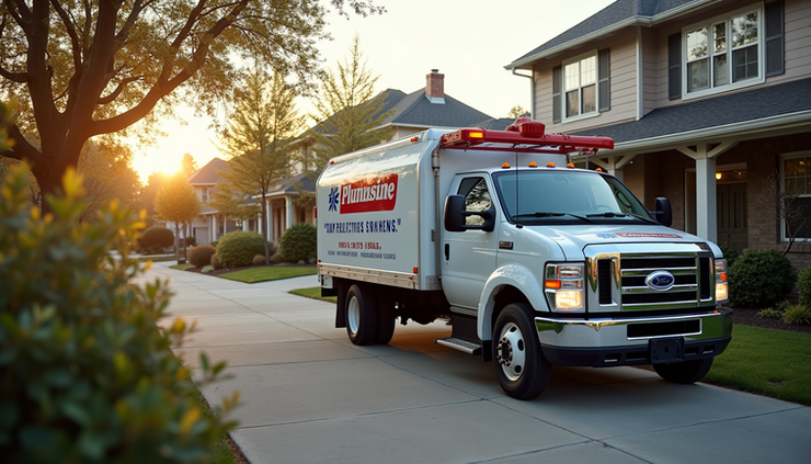 High angle view of a plumbing truck parked outside a residential home