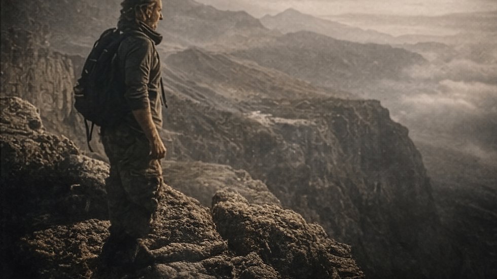 Man on mountain top overlooking valley vista