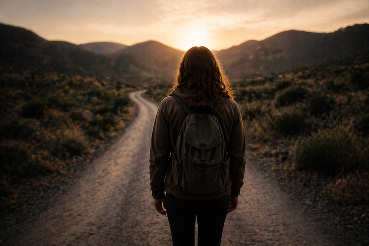 Woman walking down road to sunset.png