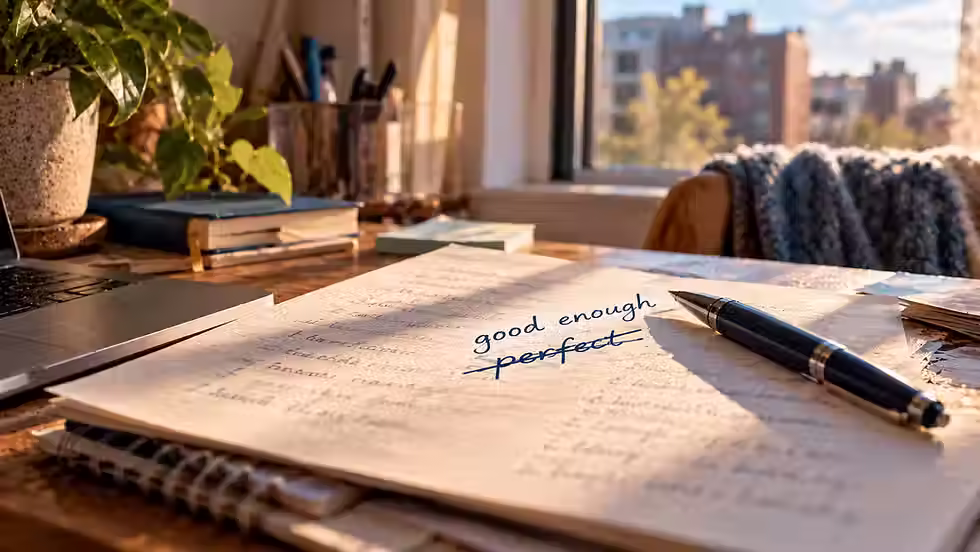 A handwritten letter with a crossed-out word representing how to stop being a perfectionist