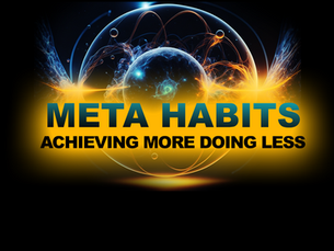 blog image with text meta habits achieving more doing less on a black backround with yellow and blue stars