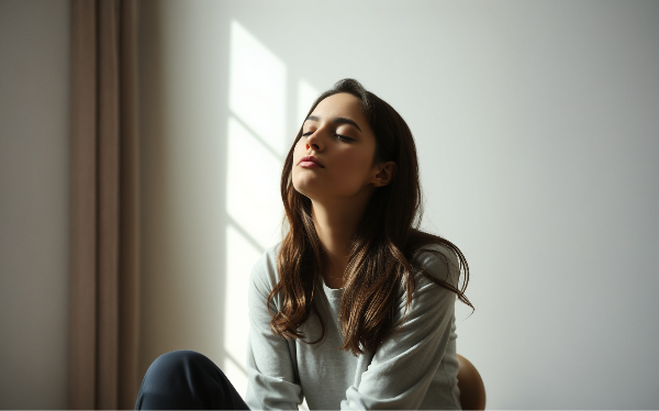 Woman sitting quietly with eyes closed in natural light representing noticing inner critic thoughts without believing them