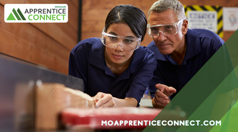 Carpentry student and teacher, safety glasses, MO Apprentice Connect