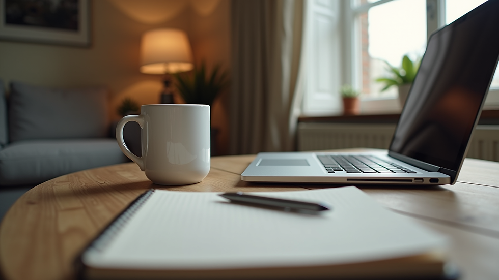 Eye-level view of a cozy workspace with a laptop and a notebook
