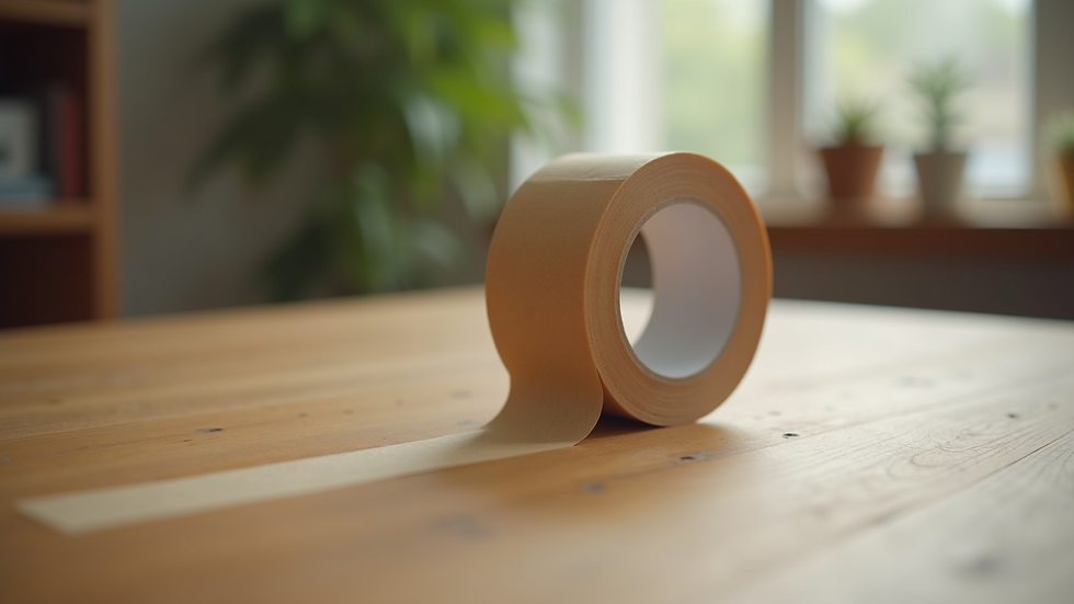 Eye-level view of a roll of packing tape on a wooden table