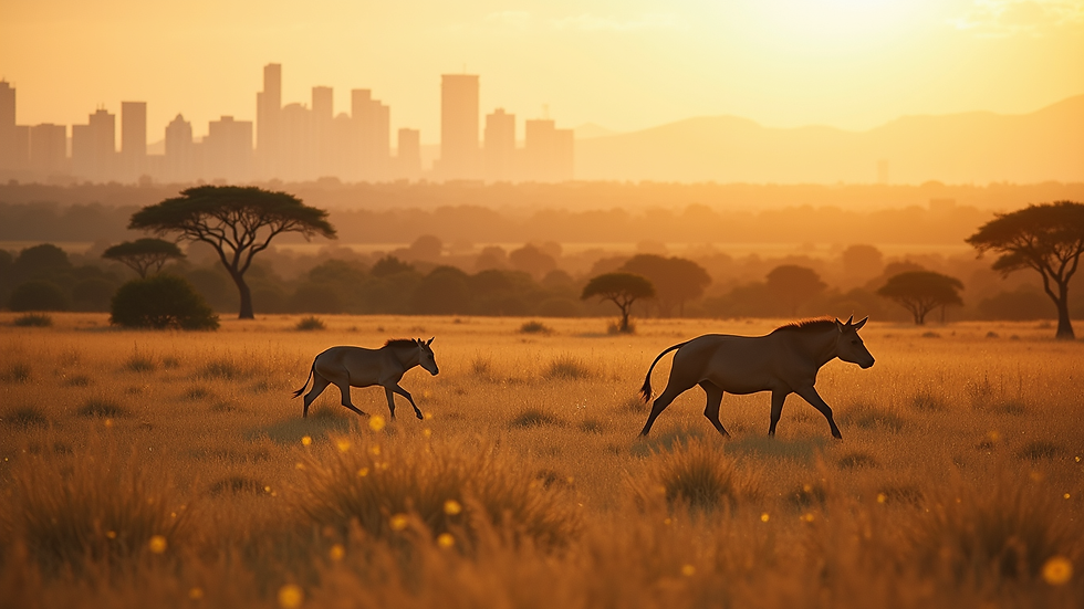 High angle view of Nairobi National Park with wildlife and city skyline in the background