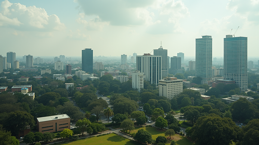 Eye-level view of Nairobi city skyline with modern buildings and green spaces