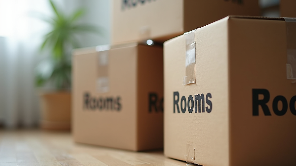 Close-up view of packed moving boxes labeled for different rooms
