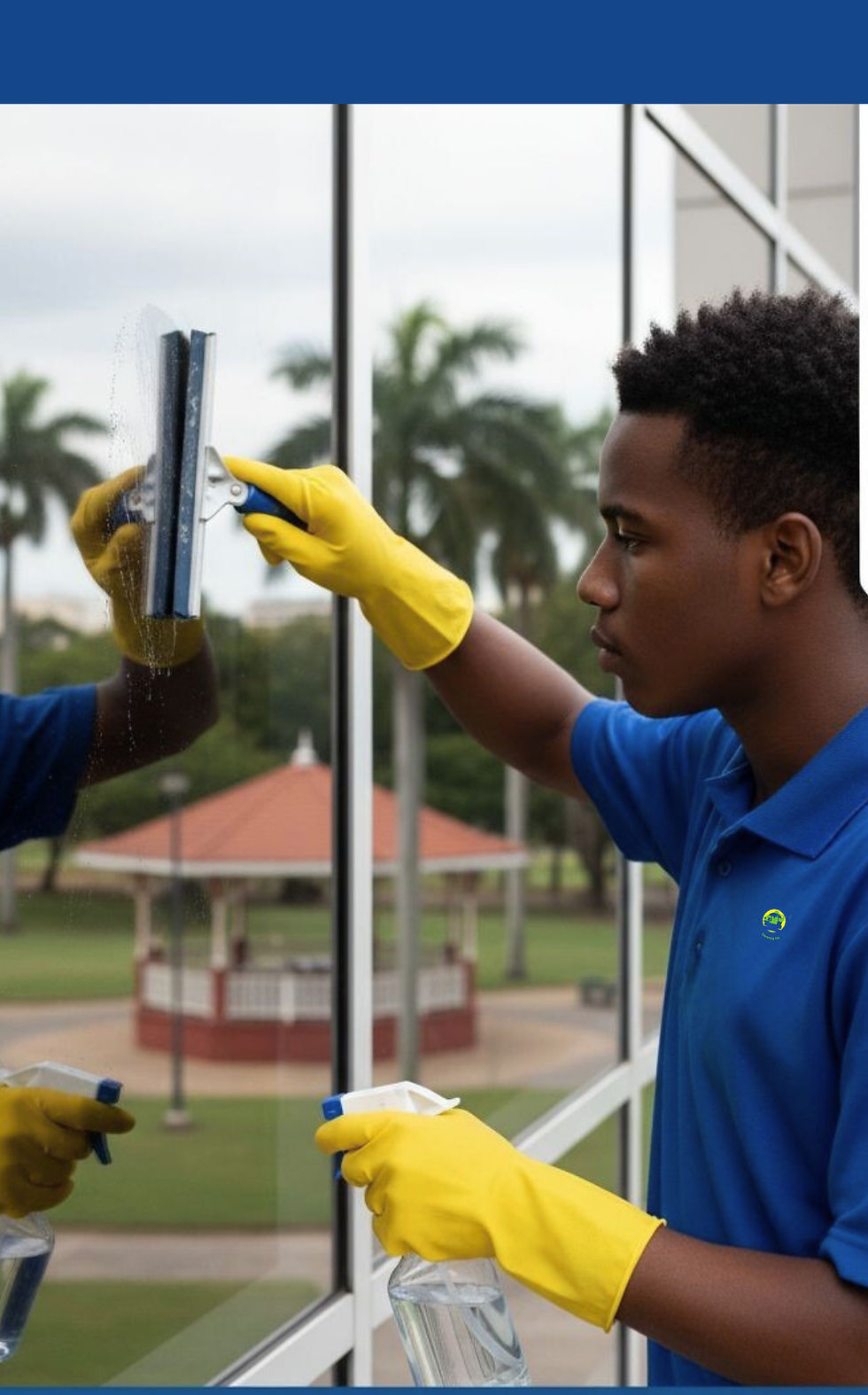 Close-up view of a squeegee cleaning a glass window