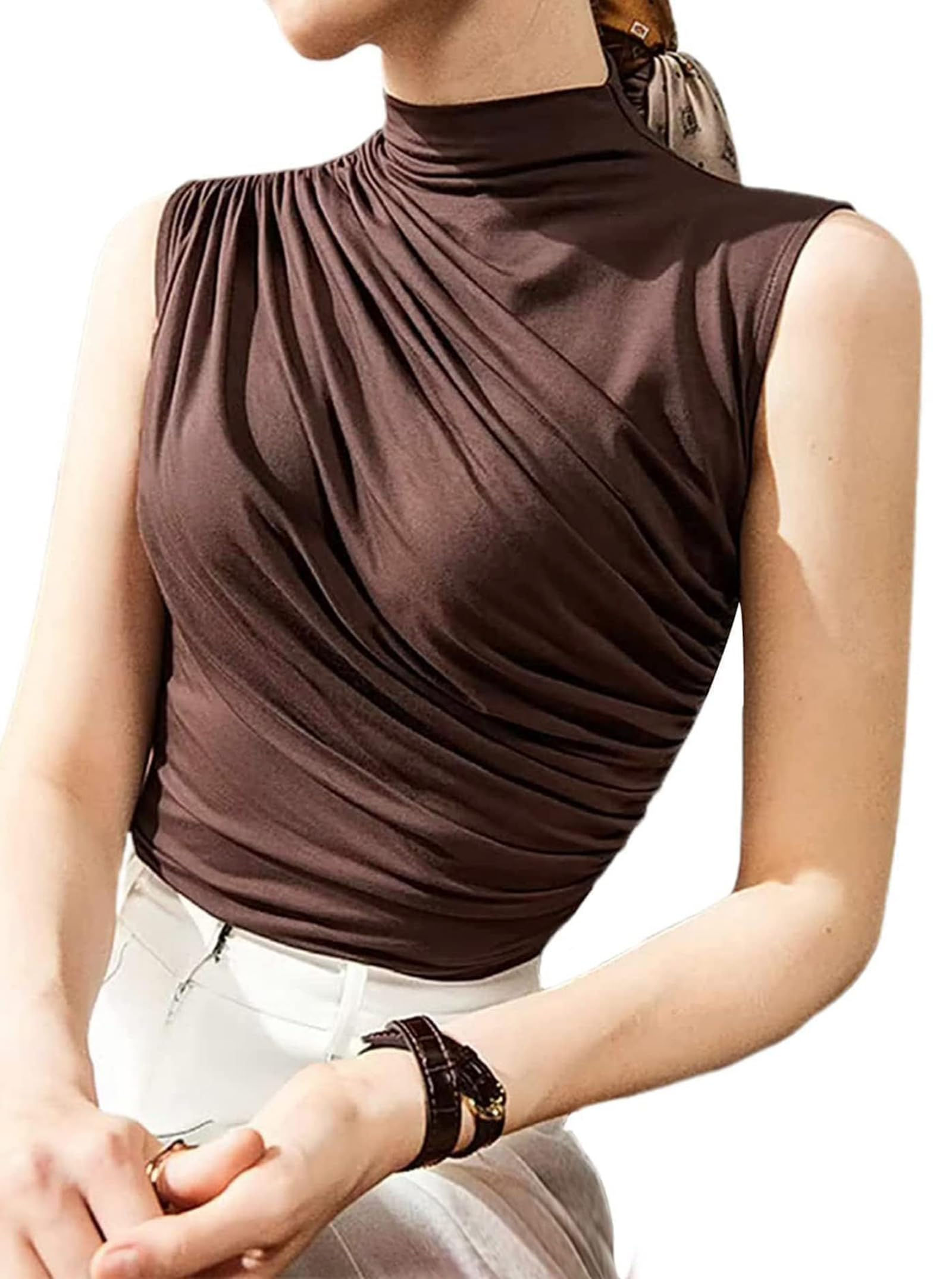 Avanova Women Mock Turtleneck Shirt Sleeveless Blouses Fitted Ruched Tank Top...
