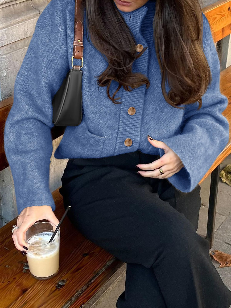 Thumbnail: Cicy Bell Womens Chunky Knit Cardigan Sweaters Button Down Mock Neck Open Fro...