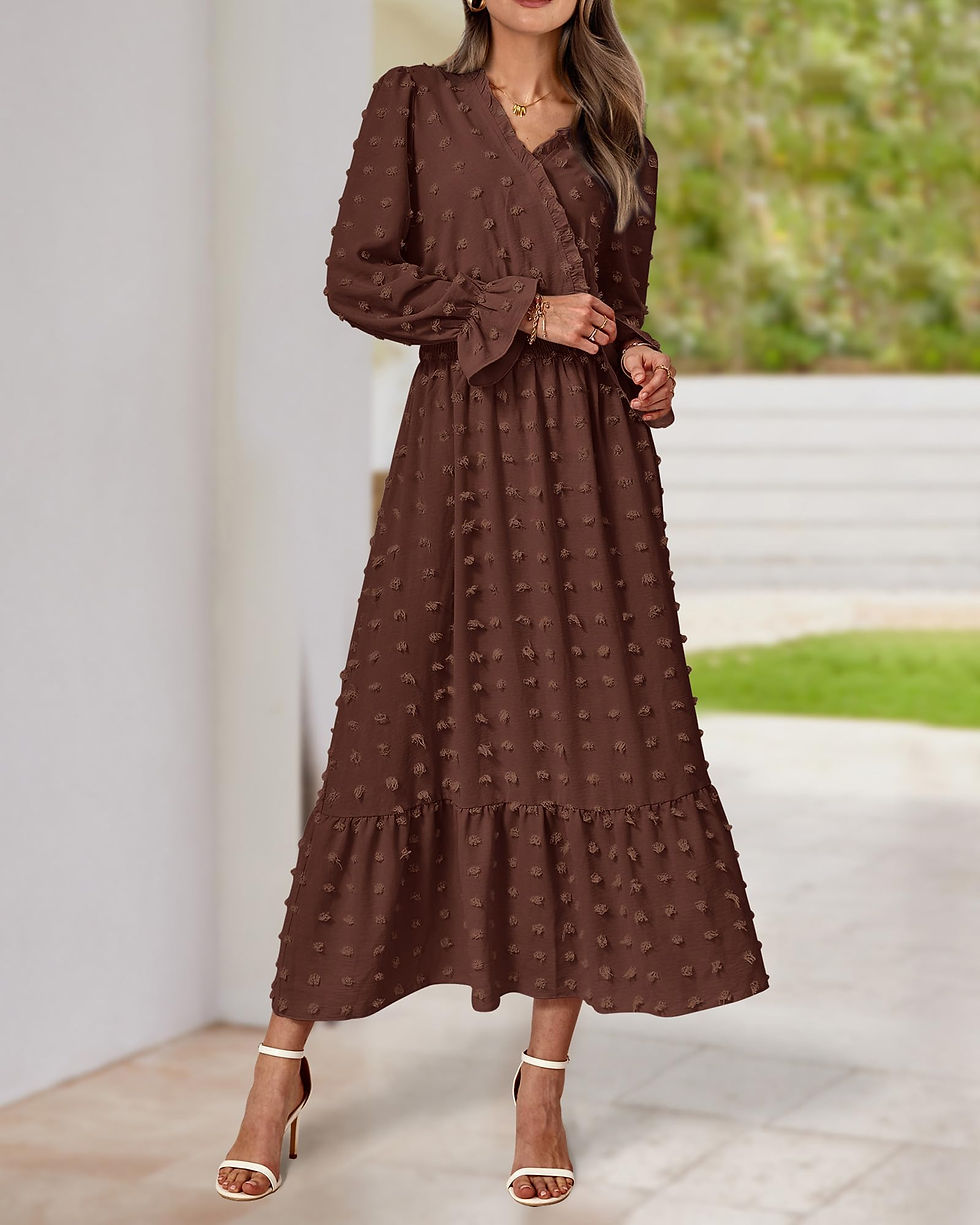 Thumbnail: BTFBM Women Fall Maxi Dresses 2025 Long Sleeve V Neck Swiss Dots High Waisted...