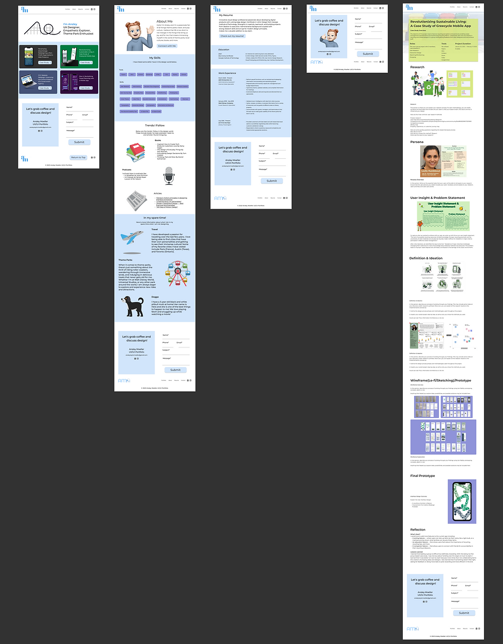 Image of the high fidelity wirerames for my home page, about me page, my resume page, my contact section, and one case study page.