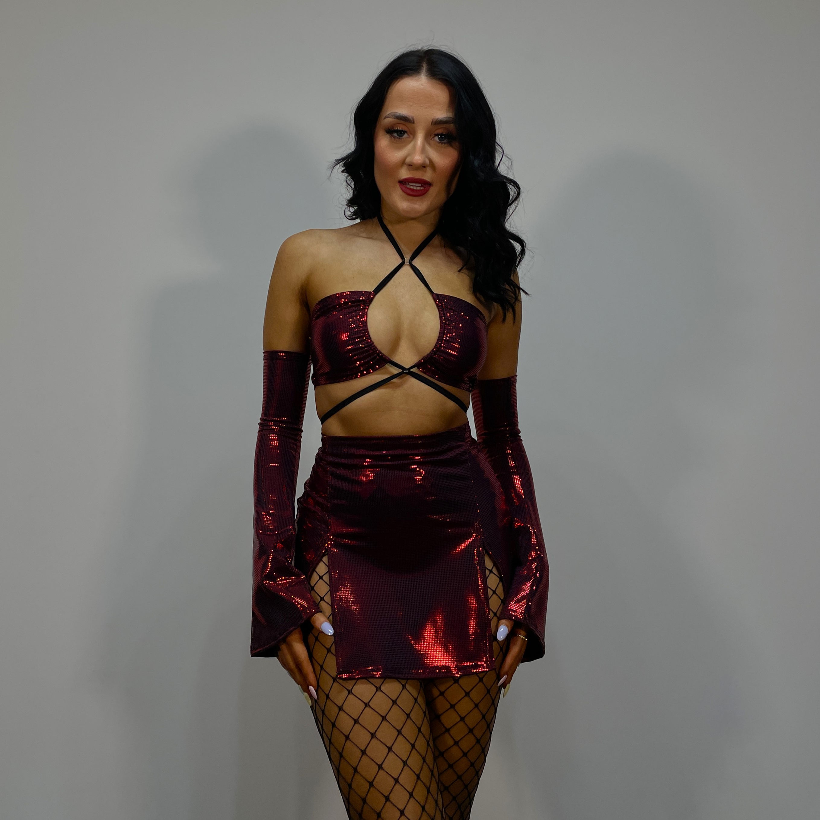 Red Shimmer Split Thigh A-Line Mini Skirt