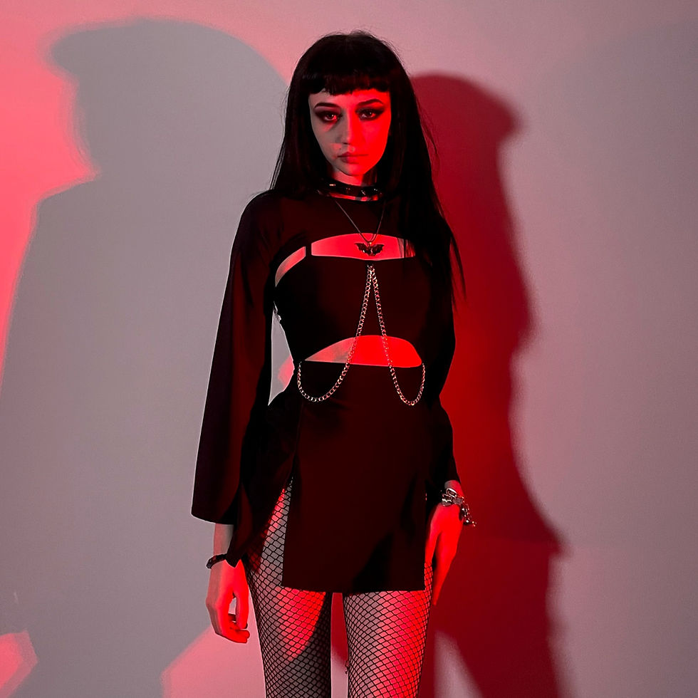 Matte Black Cut Out Split Thigh A-Line Dress with Chain