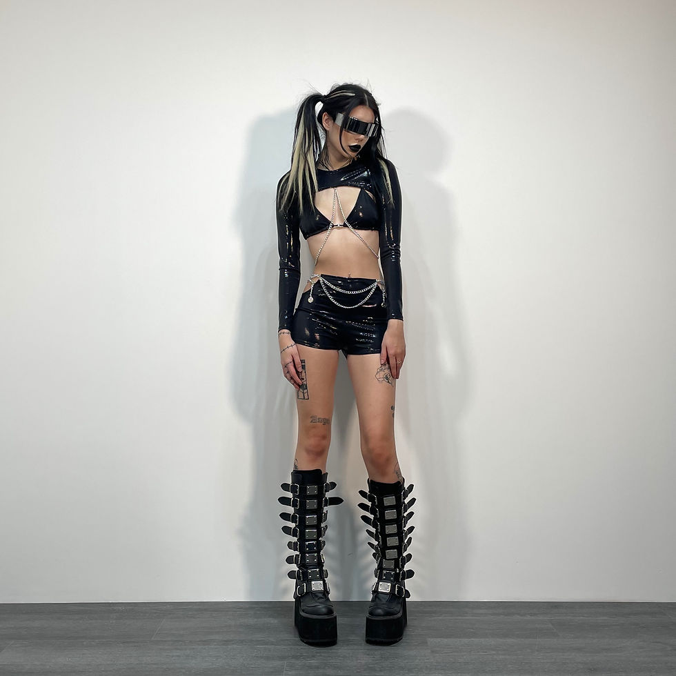 Thumbnail: Black Shimmer Cut Out High Waisted Hot Pants with Chain Detail