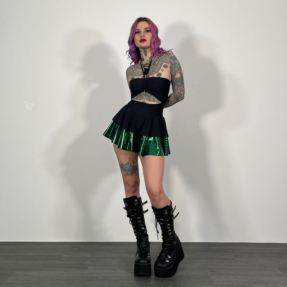 Thumbnail: Matte Black and Poison Shimmer 2 Layer Ruched Front Dress
