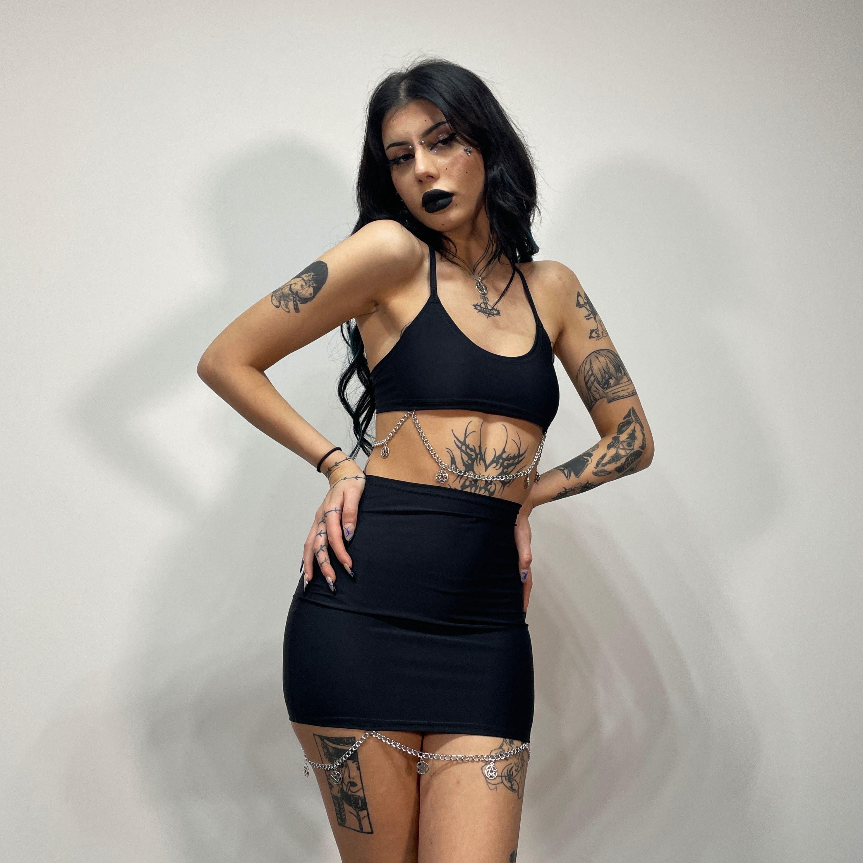 Matte Black Bodycon Mini Skirt with Chains