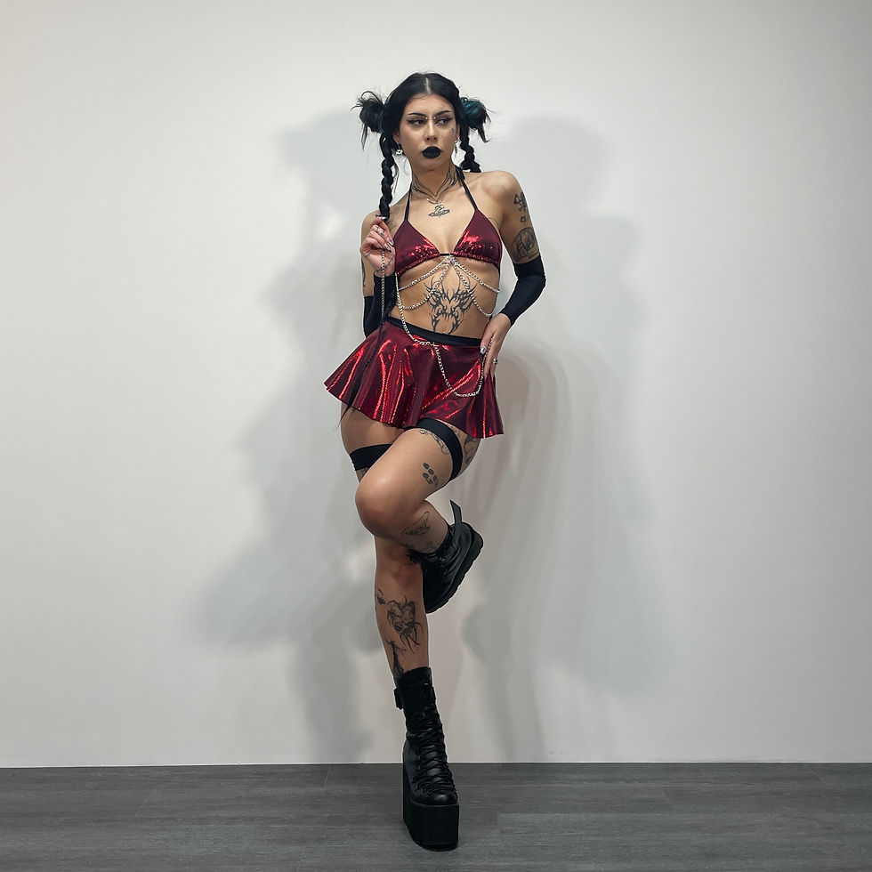 Thumbnail: Red Shimmer Triangle Ruched Bikini Top with Chains
