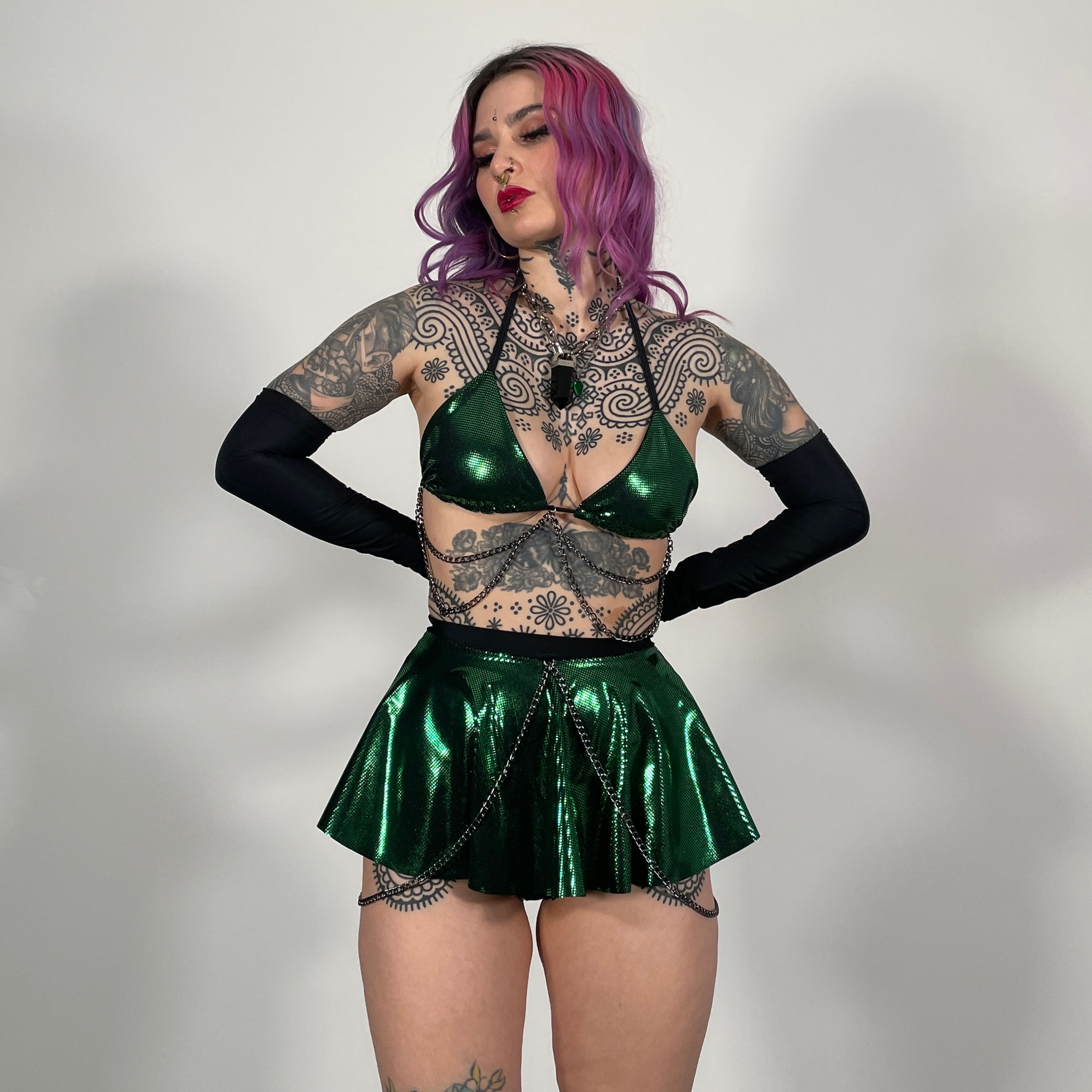 Poison Shimmer Micro Skirt and Matte Black Bikini Bottoms