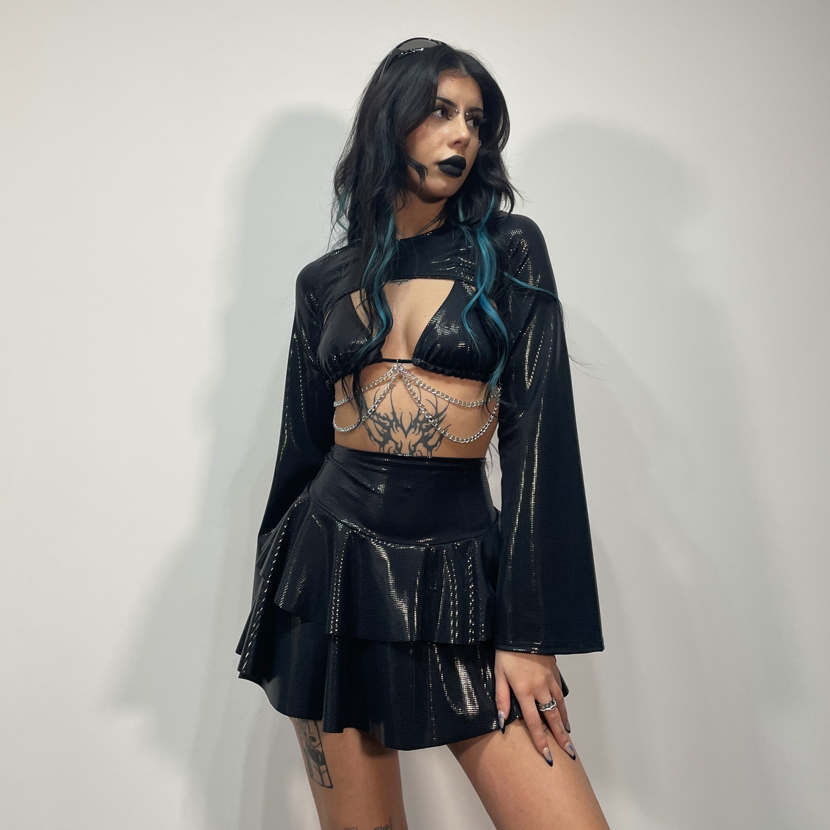 Black Shimmer Bell Sleeve Super Crop Top