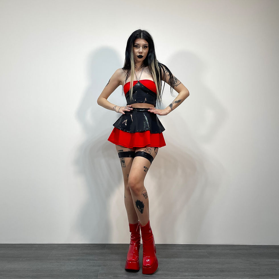 Thumbnail: SAMPLE UK 6 Black Shiny and Red Layered Super Mini Skirt