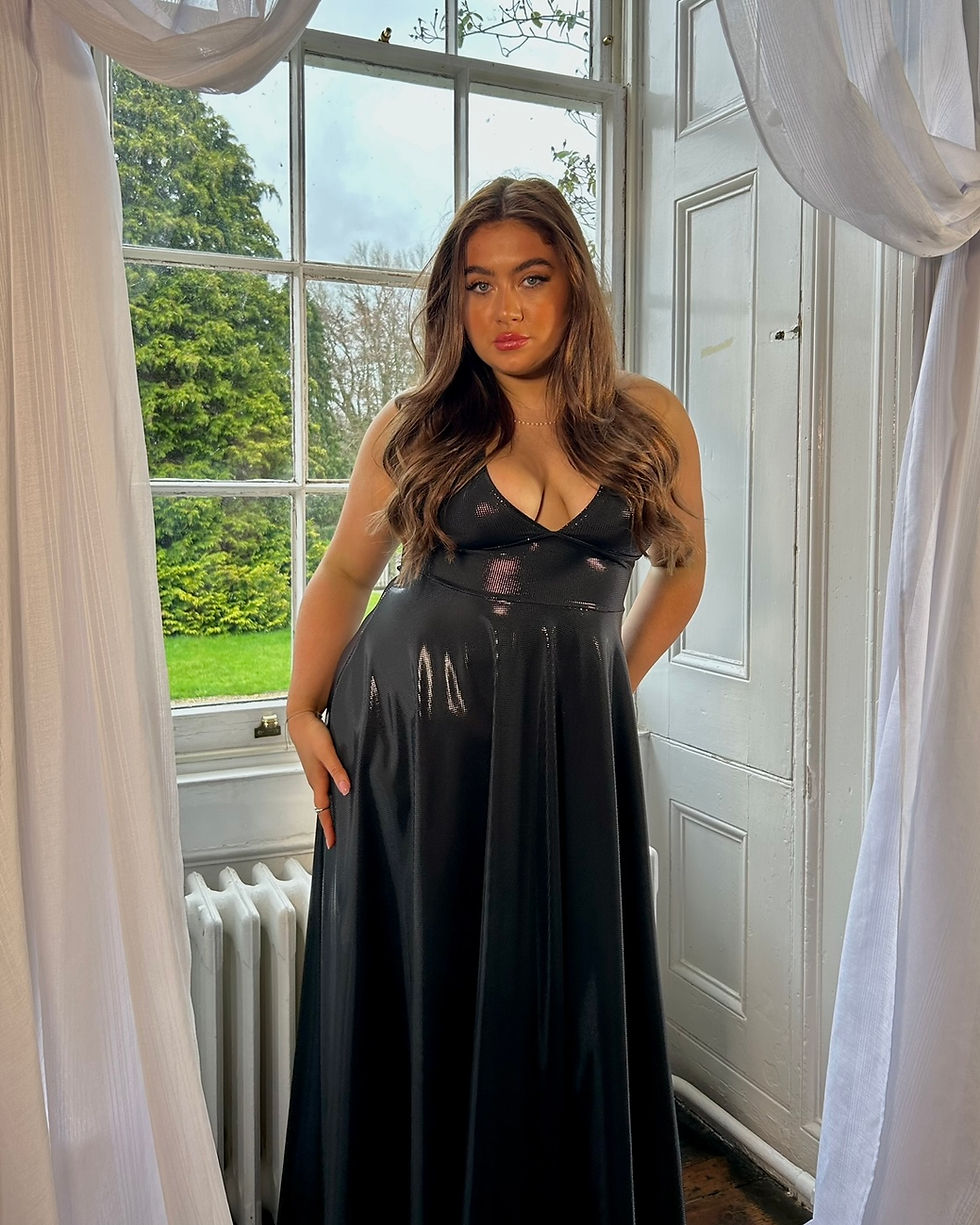 Thumbnail: Black Shimmer V-Neck Plunge A-Line Dress