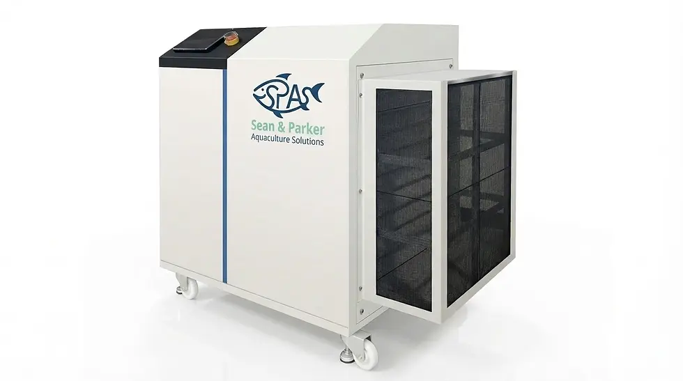 Studio photography of an industrial aquaculture filtration unit. The white machine is on wheels and features blue accents and a large extendable filter.