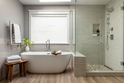 Master Bedroom remodeled, millwork, pendant lighting, king size bed, poof, large scale art, bedside tables, rug, master bath, primary bath, soaker tub, vanity, towel warmer, wood tile